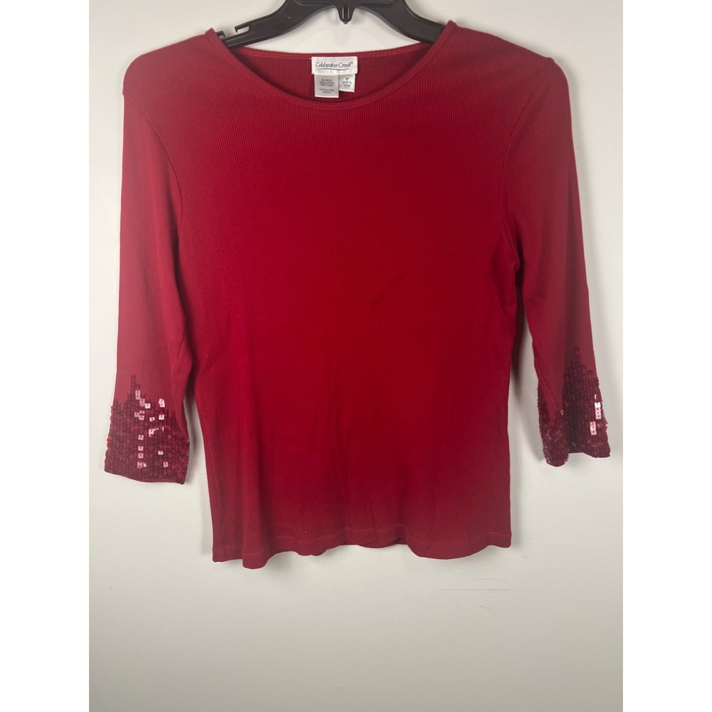 Coldwater Creek Red Ribbed 3/4 Sleeve Top Sequin Embellished Cuff Women's M